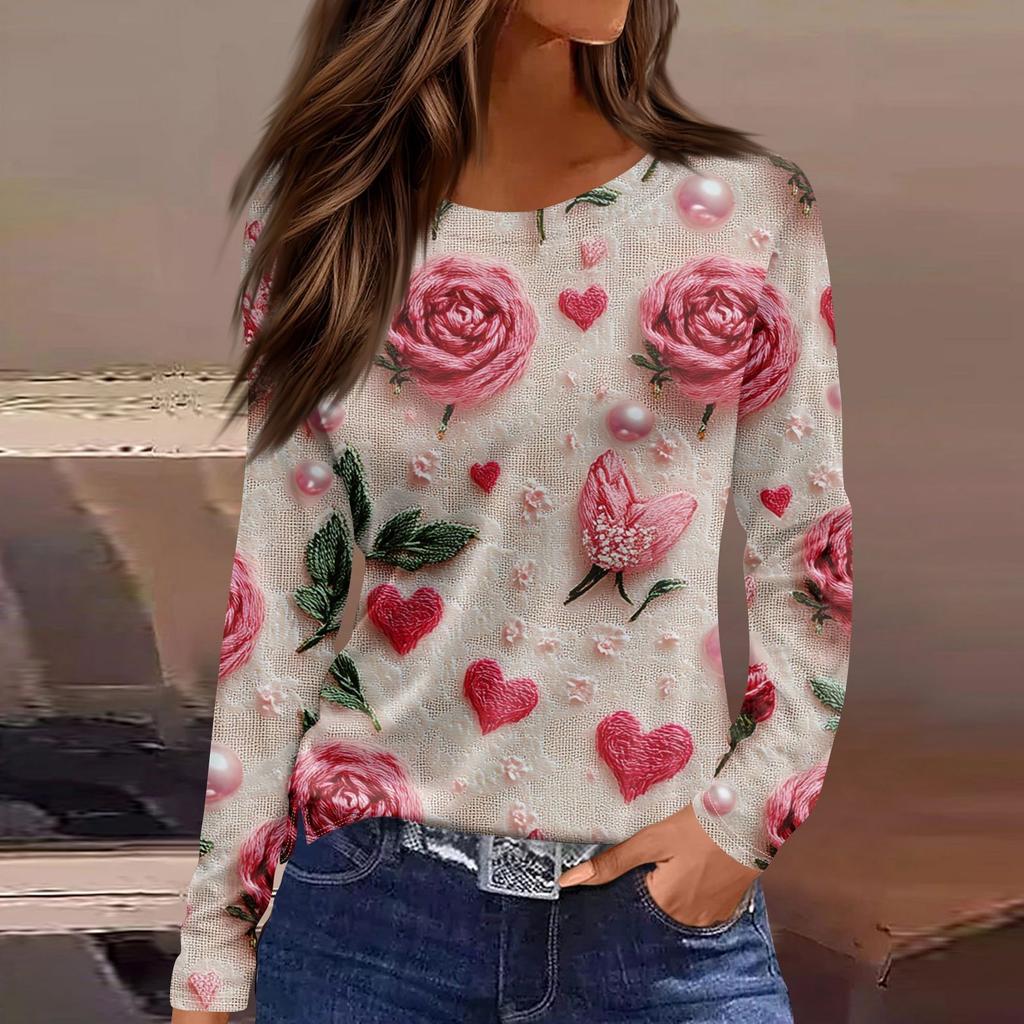Women's Fashion Valentine's Day Printed Round Neck Casual  Long Sleeve Top