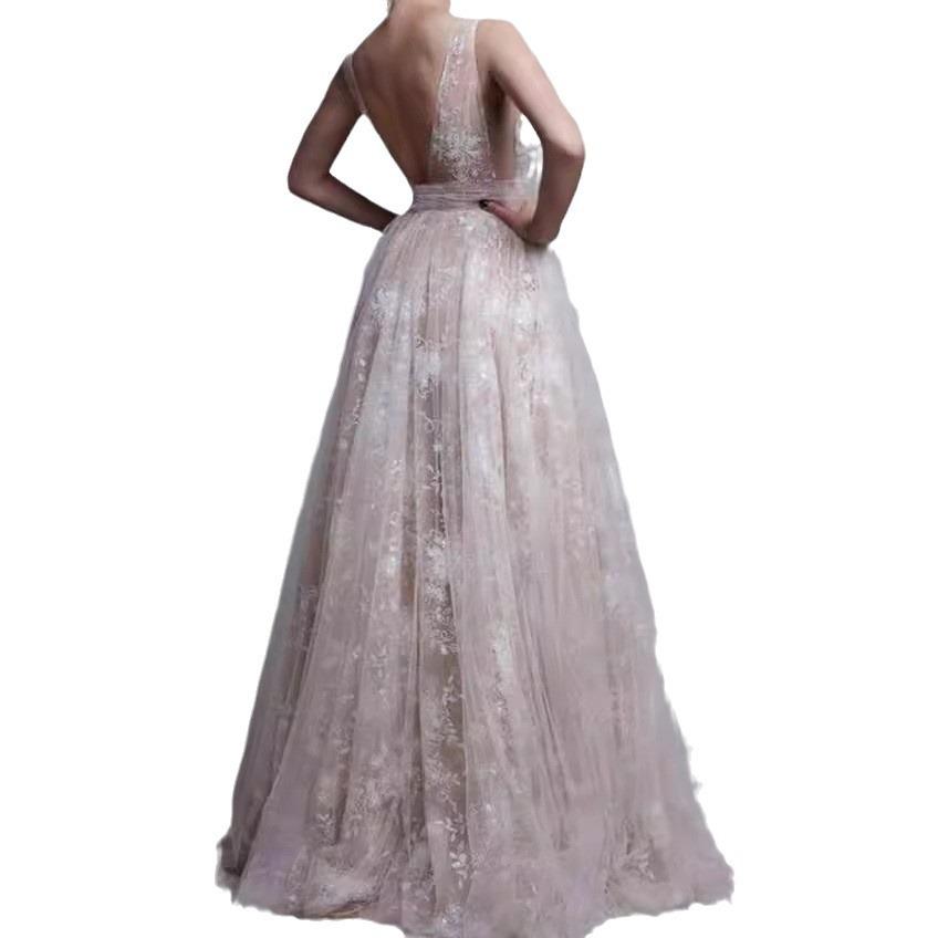 Summer new European and American mesh backless dress lace deep V dress, long dress