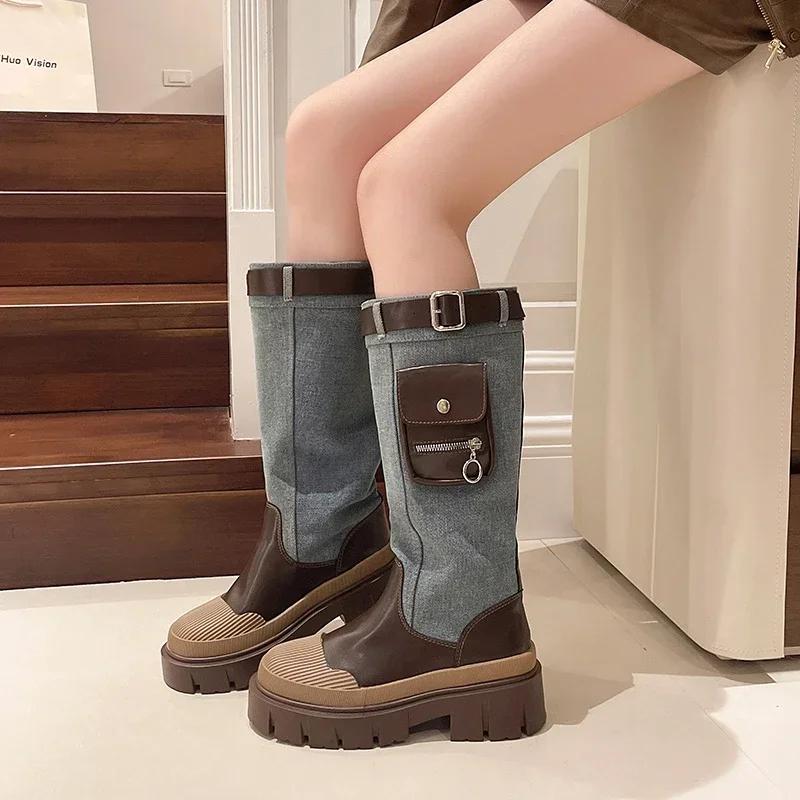 Mid Calf Denim Boots Women Autumn Retro Chunky Platform Long Boots Woman Slip On Thick Heels Cargo Boots Pocket Decor