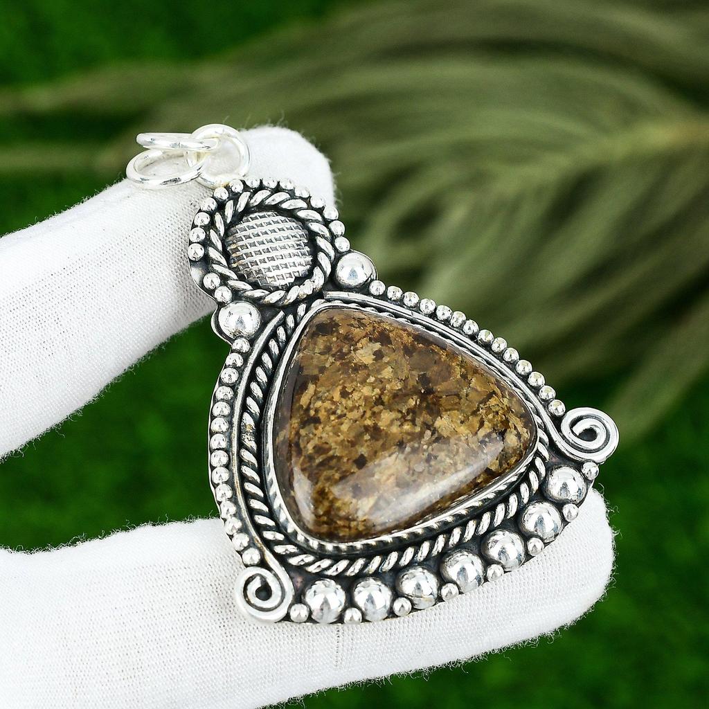 Bronzite Stone 925 Sterling Silver Mother Bezel Birthday Trendy Pendant Jewelry