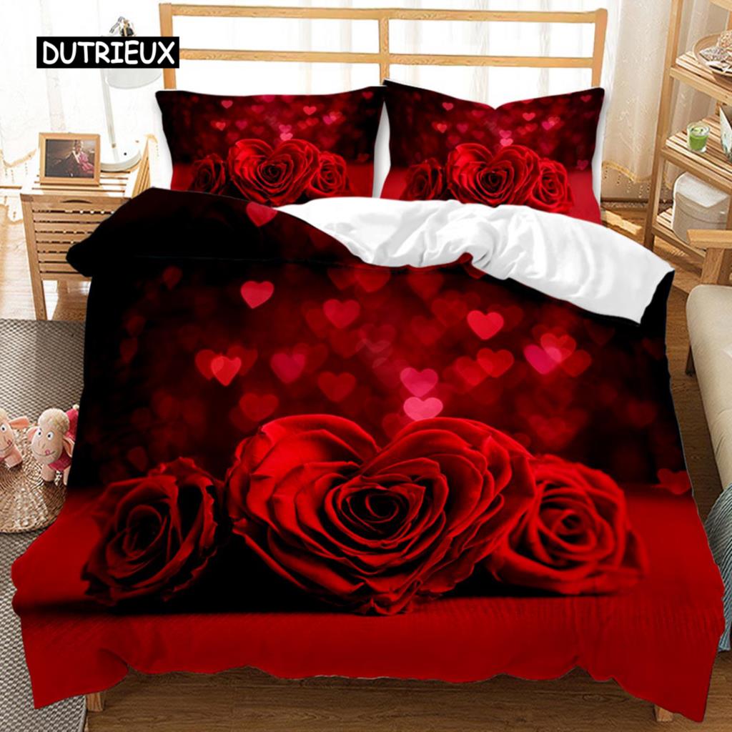Комплект постельного белья Rose Duvet Set из микрофибры Pink Heart Rose Romantic Flower Tema Комплект постельного белья для влюбленных Double Queen King Size Покрывало для пододеяльника