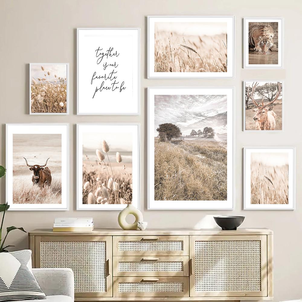 Landscape Beige Wall Art Canvas Painting Grassland Animal Poster Tiger Cow Deer Print Nordic Wall Pictures for Living Room Decor