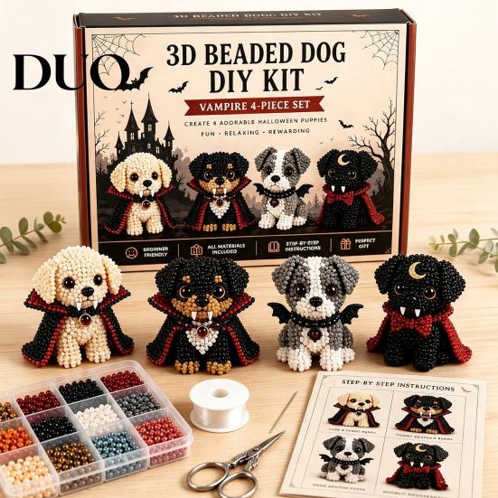 DIY Craft Set for Kids 3D Halloween Dog Art Set, Beaded Puppy Kit, Cute Plastic Beads Jewelry Crafts Animal Kit Beginners Adults, Home Desk