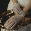 Sexy Sweet Women Summer Lace White Pearl Finger Gloves Short Wedding Gloves Bow Tulle Mittens