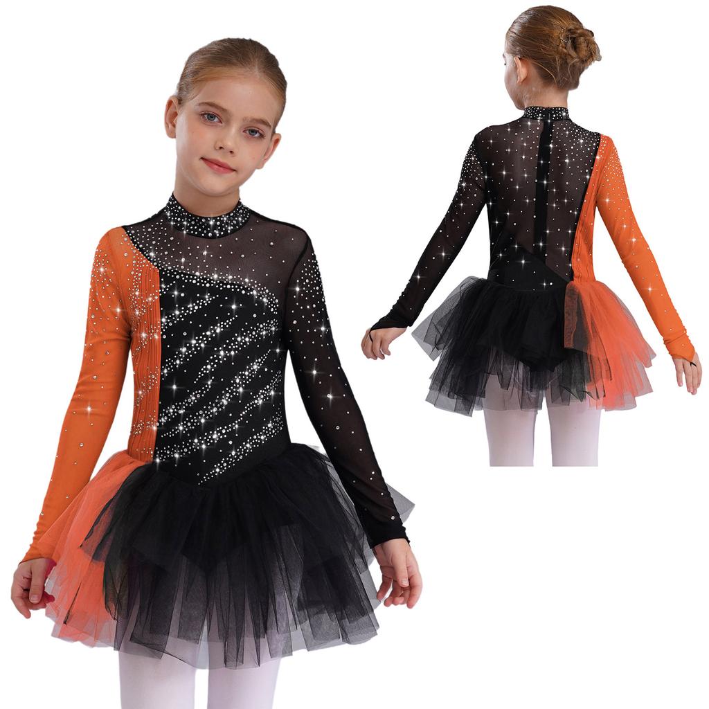 Kids Dance Costume Long Sleeve Color Block Patchwork Dress with Sparkling Rhinestones for Performance