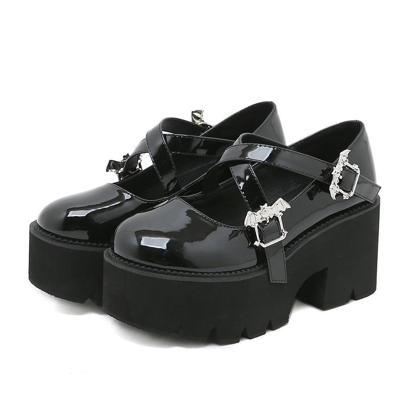 Metal Bat Platform Pumps Shoes Women Punk Thick Bottom Chunky Heel Mary Janes British Style Uniform School Shoes Girls