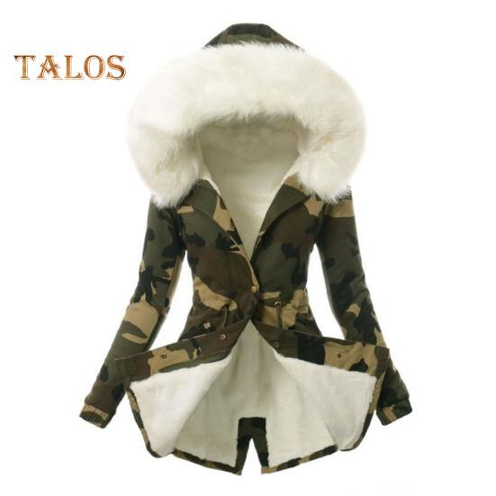 Женский зимний пуховик с искусственным мехом, флисовой подкладкой, застежкой-молнией на кнопках, ветрозащитная куртка средней длины с камуфляжным принтом, приталенная верхняя одежда