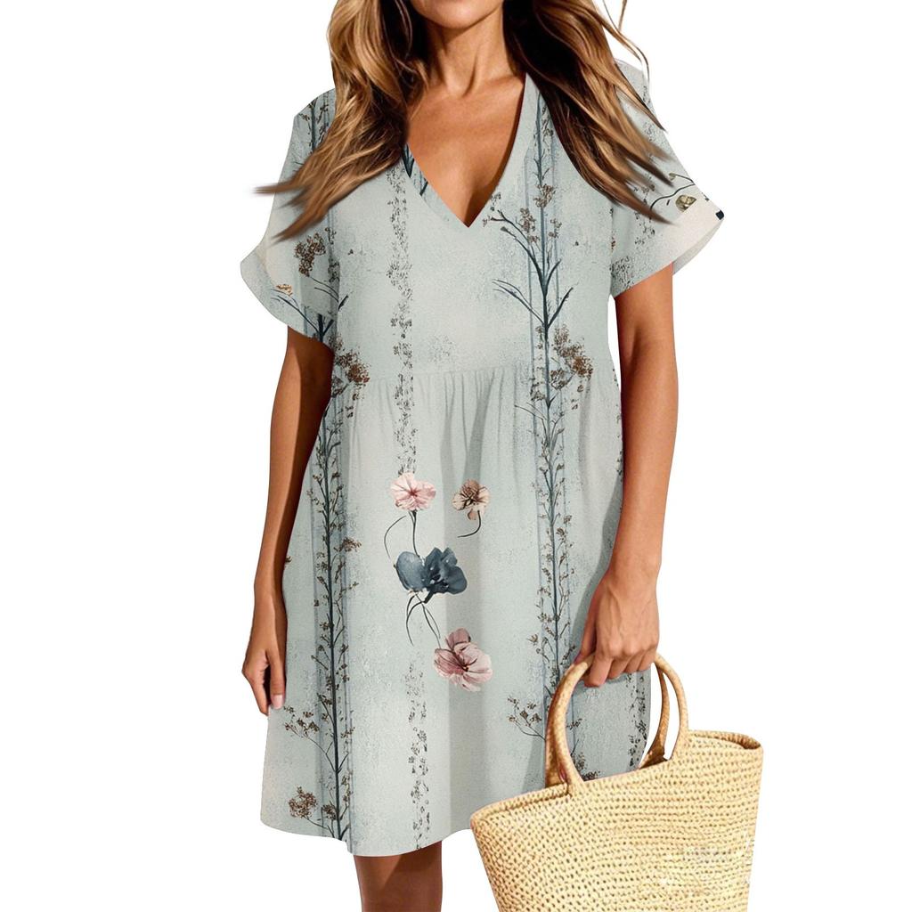 Женское повседневное модное платье с винтажным цветочным принтом и коротким рукавом и V-образным вырезом