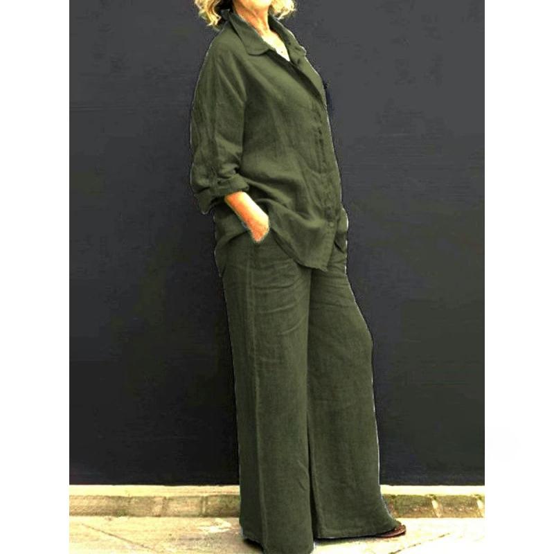 Lapel Two Pieces Set Autumn Vintage Solid Color Long Sleeve Button Shirt Blouse Women Casual Loose Straight Pants Suits