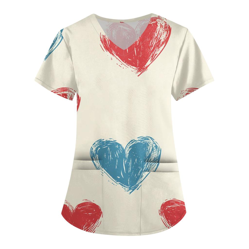 Women's Fashion V-neck Short-sleeved Work Clothes With Pockets Valentine's Day Print Top