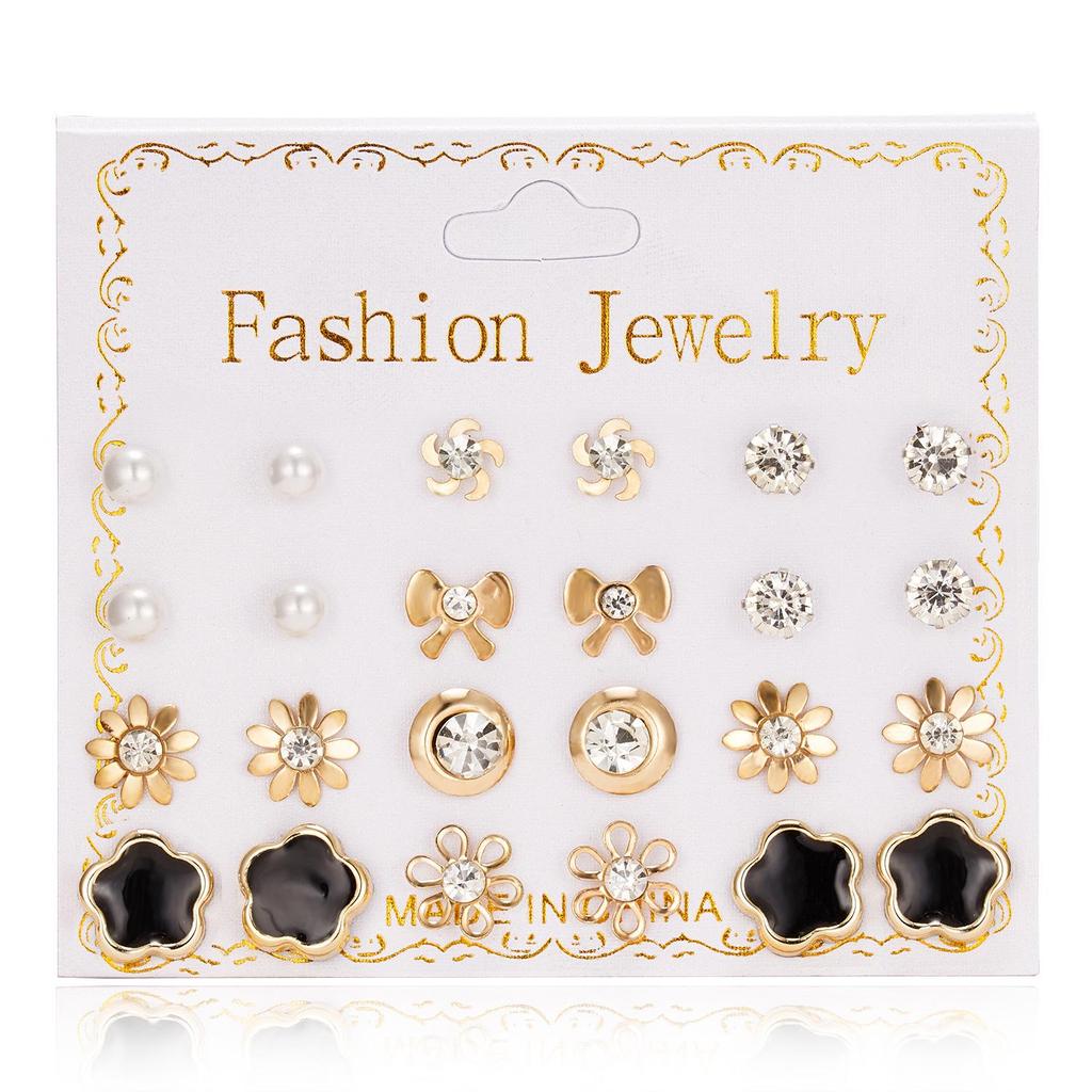 12 Pairs of Zircon Stud Earrings: Pearl, Flower & Bow Designs