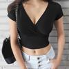 Women T-shirt Deep V-Neck Short Sleeve Navel-Exposed T-Shirt Slim Fit Solid