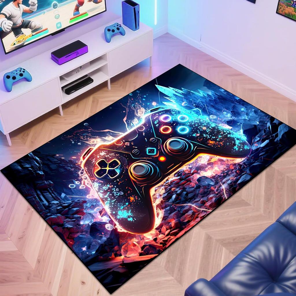 Gaming Area Rug Teen Boys Carpet, Colorful Gamepad Background Game Controller Design for Game Room Bedroom Playroom, Living Room
