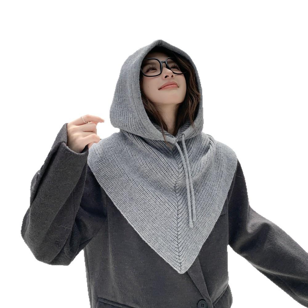 Bonnet cagoule couleur unie écharpe pull tricotée cordon de serrage intégré automne et hiver coupe-vent et chaud chapeau en laine protège-oreilles pour femme