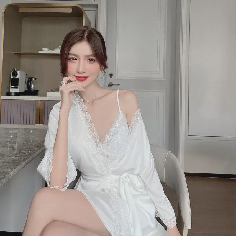 Lace Hollow Temptation Ice Silk Suspender Nightdress & Robe Set with Chest Pad