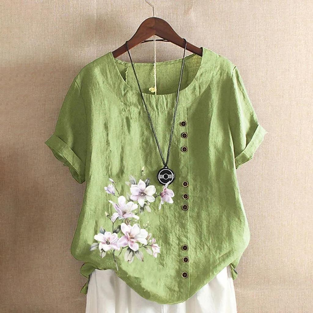 Women's Cotton Linen Round Neck Short Sleeve With Button Tops Printed T-shirt