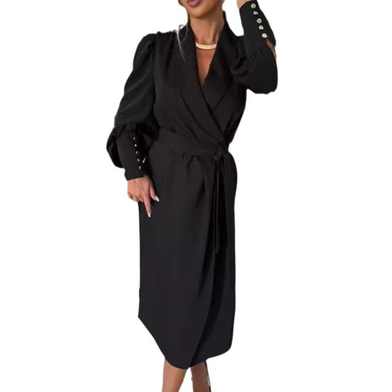 Women Formal Dress Business Style Turn-down Collar Long Sleeve Pure Color Slim Fit Lace-up Cross