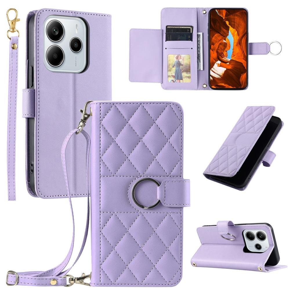 Для Xiaomi Redmi Note 14 4G (163,25 мм) Кожаный чехол-кроссбоди с кольцом-пряжкой, кошелек-подставка, ромбовидная мобильная накладка