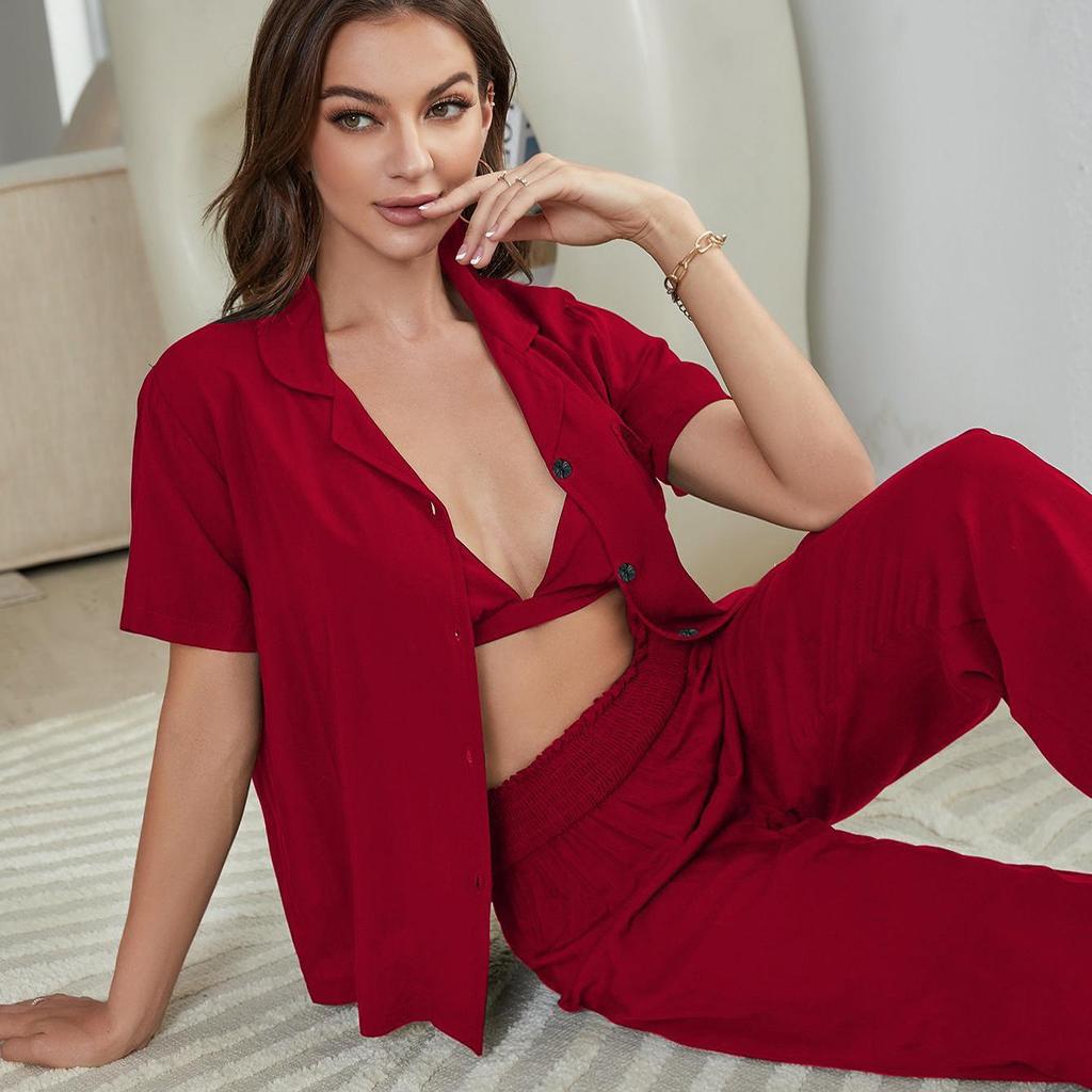 Women’s Sleeping Suits Rayon Pajamas 3 Pieces Set Short Sleeves Button Top Long Pants Comfy Bra Spring Summer Home Wear Lounge Suit Nightwear
