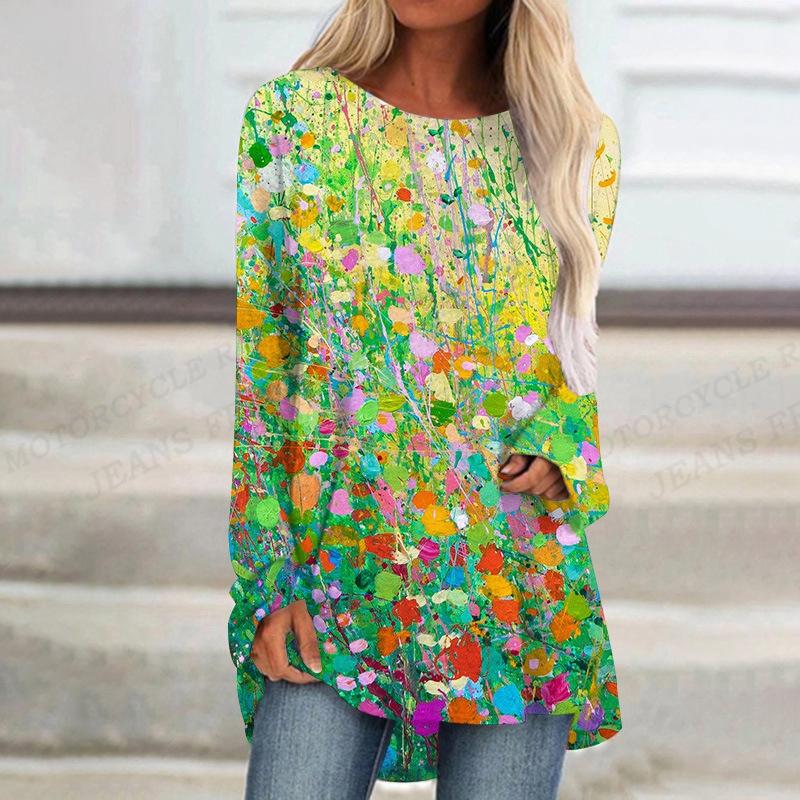 2023 Women's T-shirt Abstract Painting Print Tshirt Women Fashion T-shirt Plant Flowers T Shirt Long Sleeve Tops Tees Butterfly
