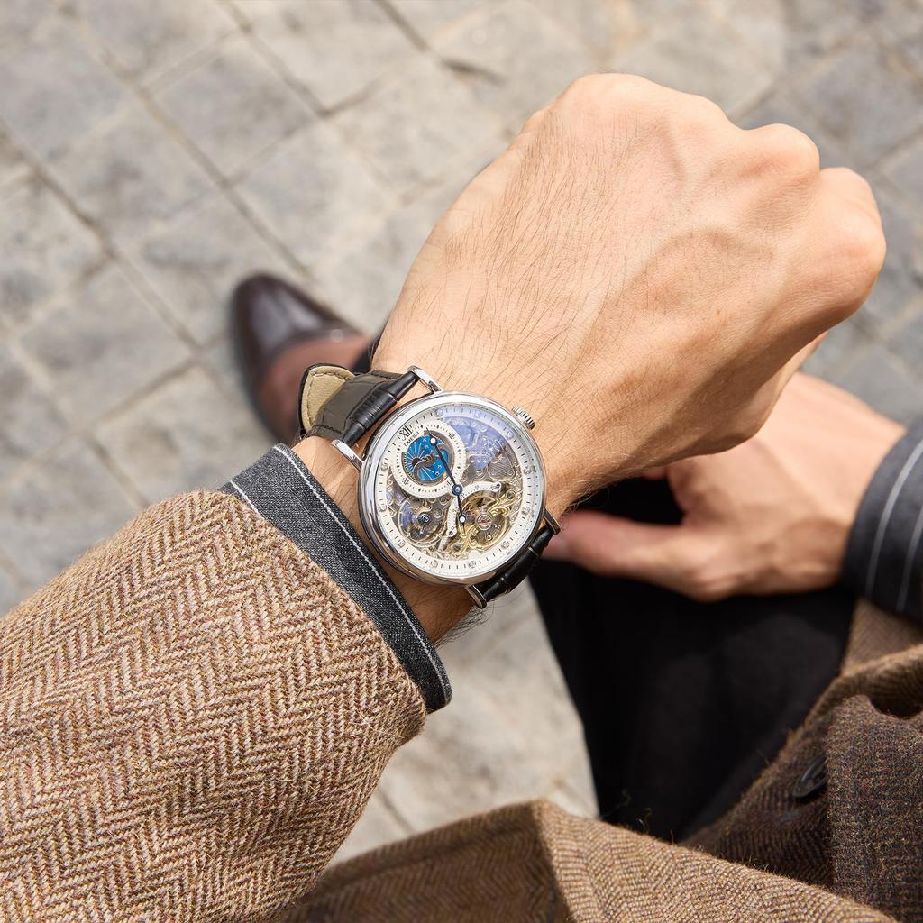 TIME100 роскошные автоматические часы скелетон механические из нержавеющей стали с ремешком из натуральной кожи водонепроницаемость 50 м мужские (Серебряный)