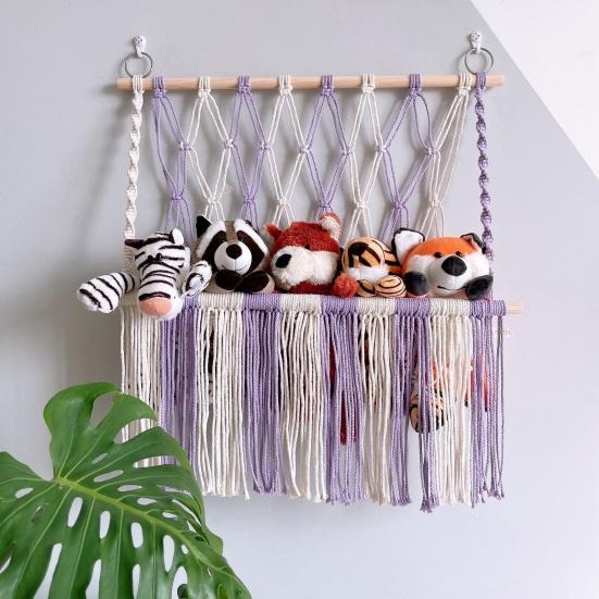 Стеллаж для хранения мягких игрушек, настенная сетка, дизайн с кисточками, яркий цвет, легко повесить, органайзер для хранения игрушек, кукол, декор детской комнаты