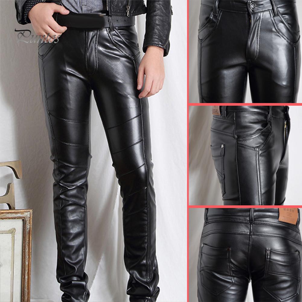 Men Solid Color Faux Leather Multi Pockets Skinny Pants Stage Club Long Trousers