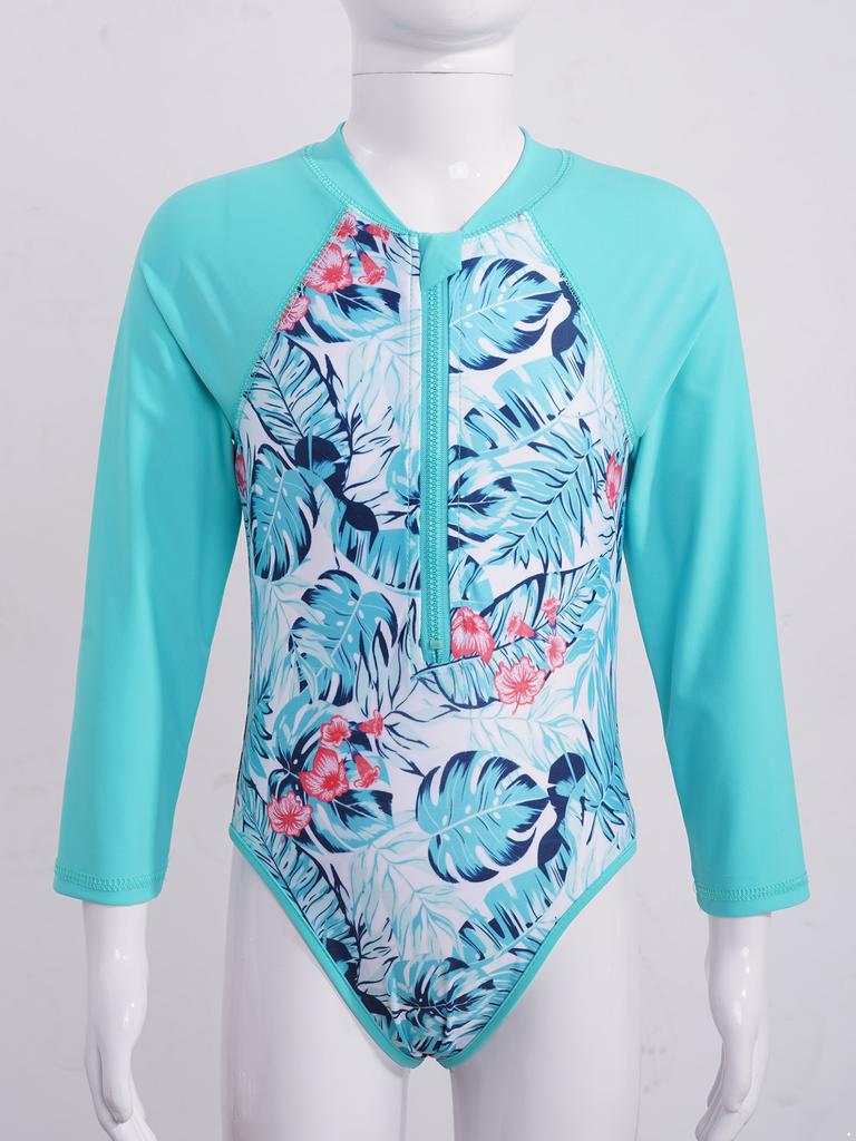 Детский купальник для девочек, купальный костюм на молнии с длинными рукавами и принтом пальм, купальный костюм, боди, пляжная одежда