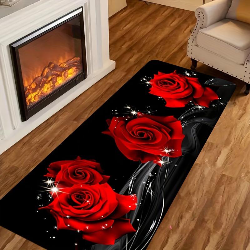 Modern Rose Flower Print Kitchen Mat, Colorful Non-Slip Indoor Carpet, Decorative Area Rug for Bathroom Bedroom Living Room