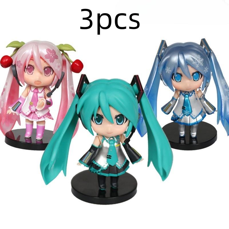 3pcs New Hatsune Miku Figure Mini Character Ornaments Kawai Pink Green Hatsune Home desk Decoration Adult Toy kid Birthday Gift