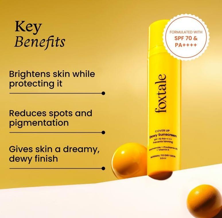 FoxTale Niacinamide Dewy Sunscreen For All Skin Type Spf 70 Pa++++ No White Cast, Non Greasy, Men & Women, 50ml