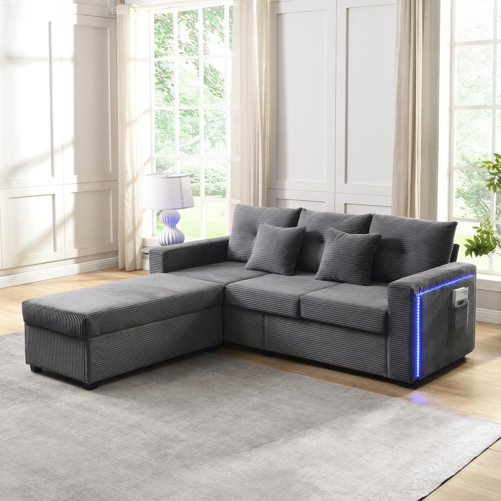 [5-Cushion Supreme Set] LED Sofa with Cloud-Like Seating Feel: 3-Seater Sofa + Oversized Removable Ottoman, Load-Bearing Modular Furniture in L-Shape