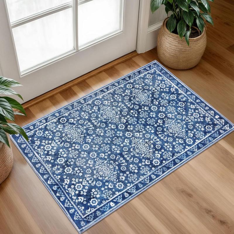 Vintage Blue Doormat Distressed Floral Non-Slip Rug for Entryway Kitchen Bathroom Floor Mat Home Decor
