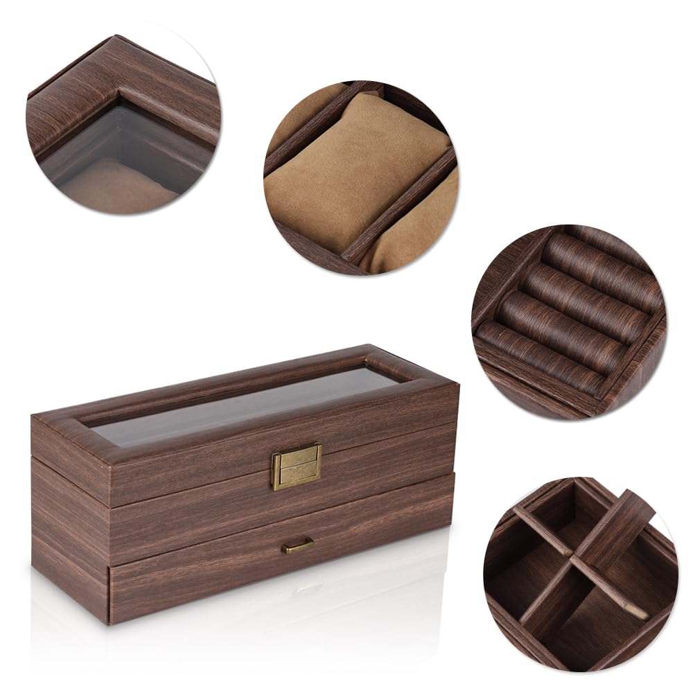 Baskiss PU Made Роскошный 2-слойный футляр для часов Коробка для хранения часов Стеклянная пластина Роскошный футляр для коллекции часов Коричневая шкатулка для ювелирных изделий Коробка для хранения часов