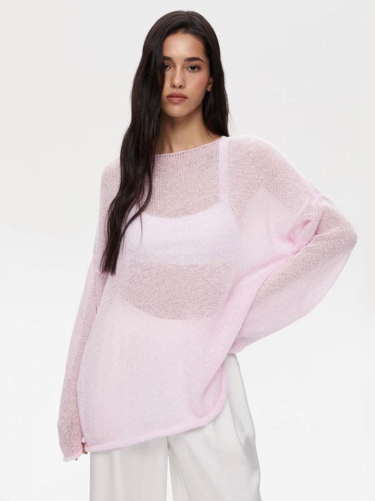 2025 Spring/Summer European-American Hollow Knit Sweater: Women's Thin, Large Round Neck, Trumpet Sleeve T-Shirt