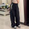 Women Casual Pants Elastic High Waist Straight Wide Leg Long Trousers Contrast Color Pockets Sport