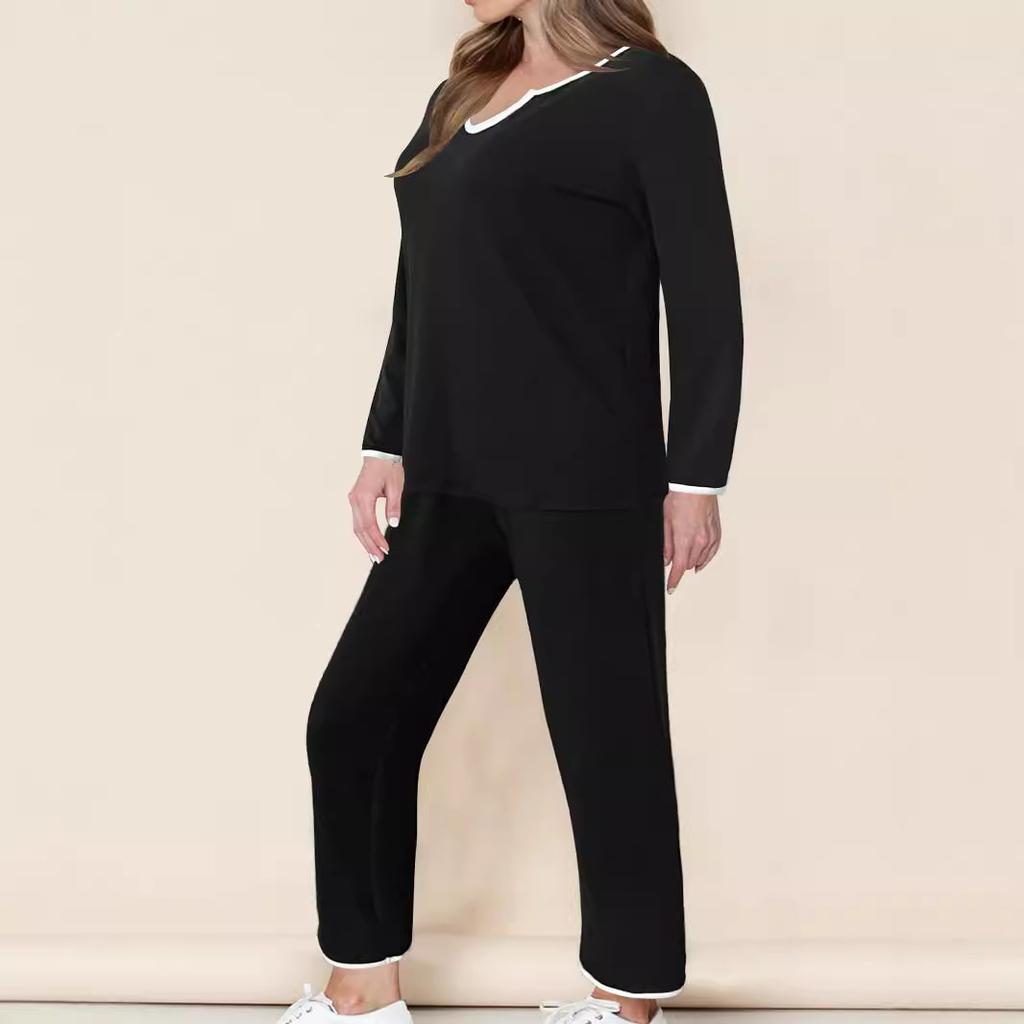 Autumn and Winter Women's Pant Suit Solid Colour V-neck Loose Comfortable Leisure Home Drawstring Trousers Suit