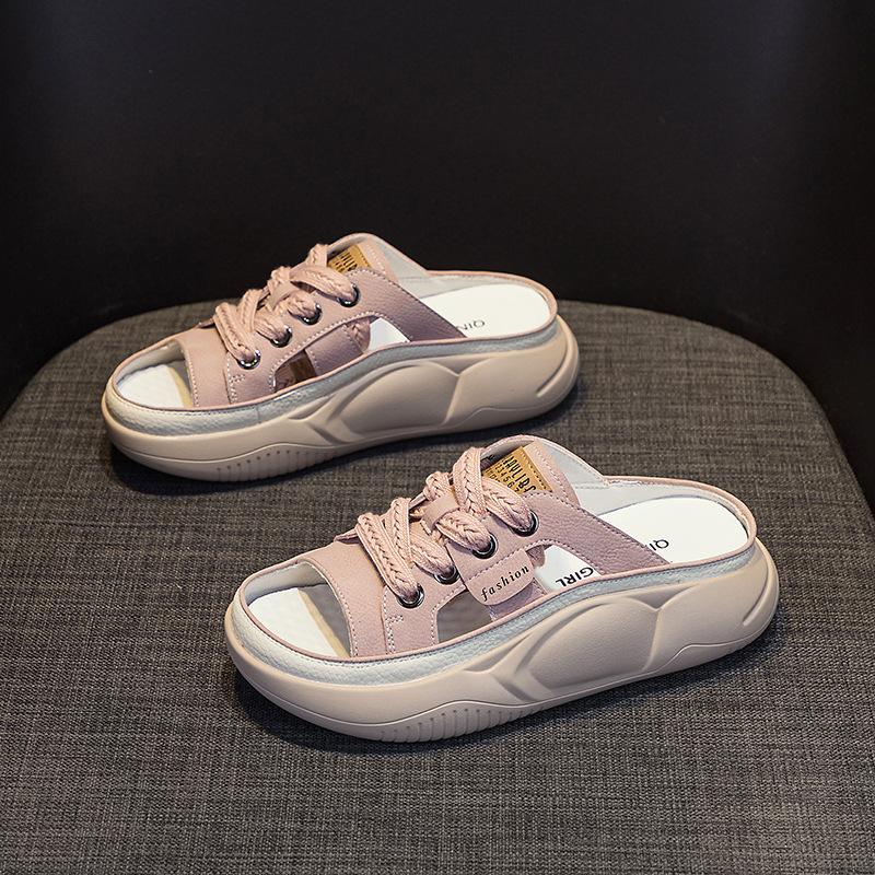 Шлепанцы из натуральной кожи Женские Ажурные Мюли Летние С открытым носком Дышащие Повседневные Туфли Клинья Платформа Кроссовки на шнуровке