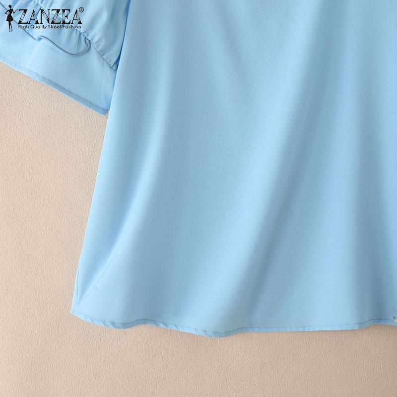 ZANZEA Women Casual Square Collar Loose Summer Short Sleeve Plain Blouse