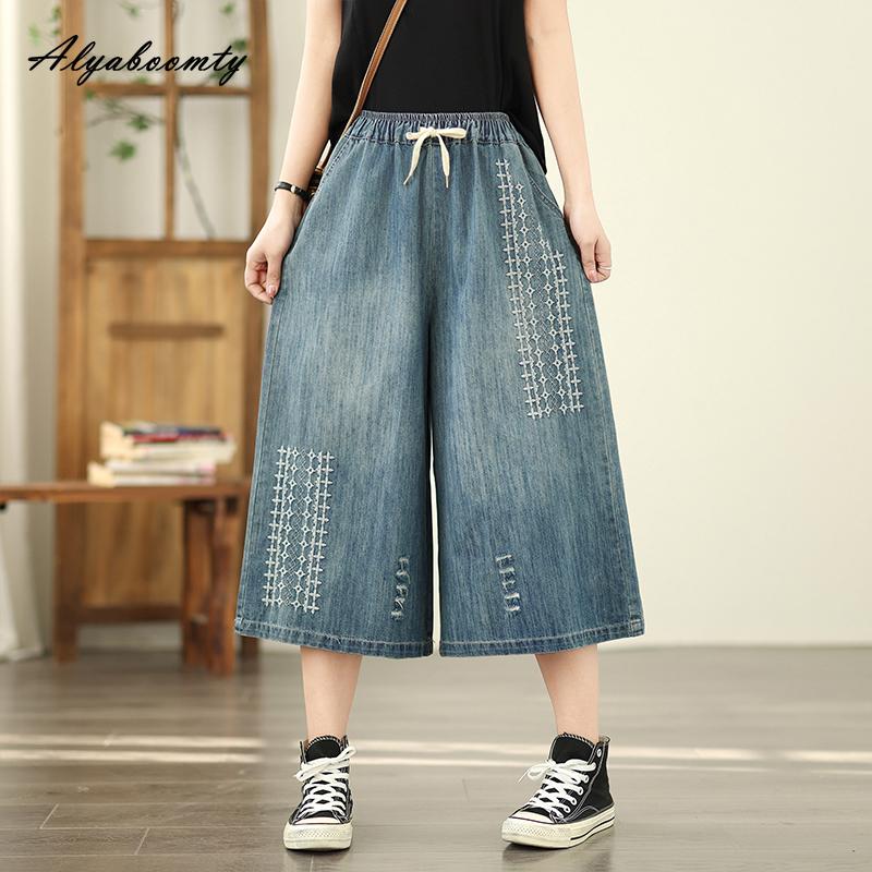 Korean Fashion Summer Women Wide Leg Jeans Elastic Waist Drawstring Ripped Vintage Denim Capris Casual Loose Plus Size Baggy Embroidery Short Jeans