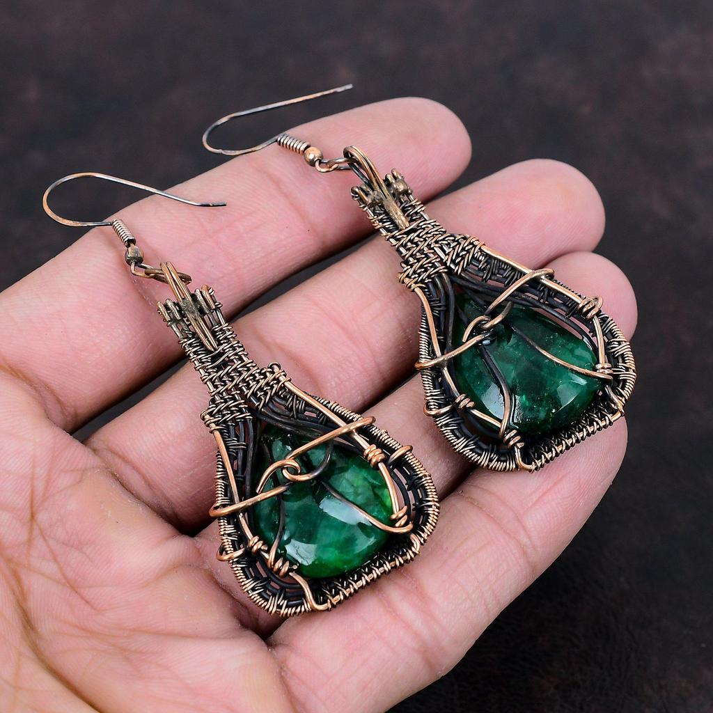 Граненые серьги с замбийским изумрудом, серьги из медной проволоки, медные украшения, серьги ручной работы из натурального драгоценного камня, подарок для мамы, ювелирные изделия из проволочной обмотки