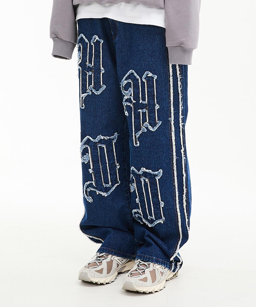 HOODHOOD Hd Applique Wide Denim Pants Medium Blue