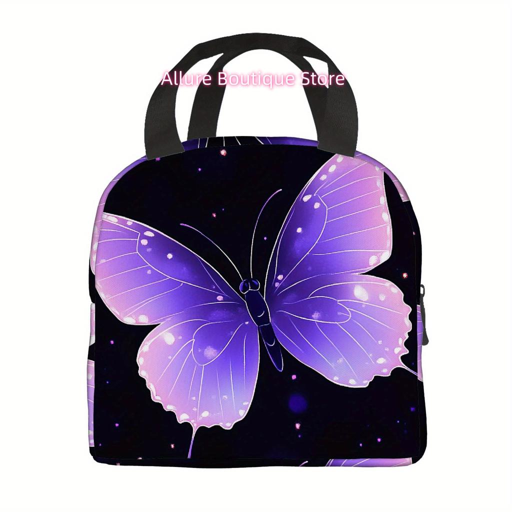 1pc, Purple Butterfly on Dark Background Printed Thermal Bag, Insulation Bag, Insulated Bag, No Food Contact, Suitable for Home,