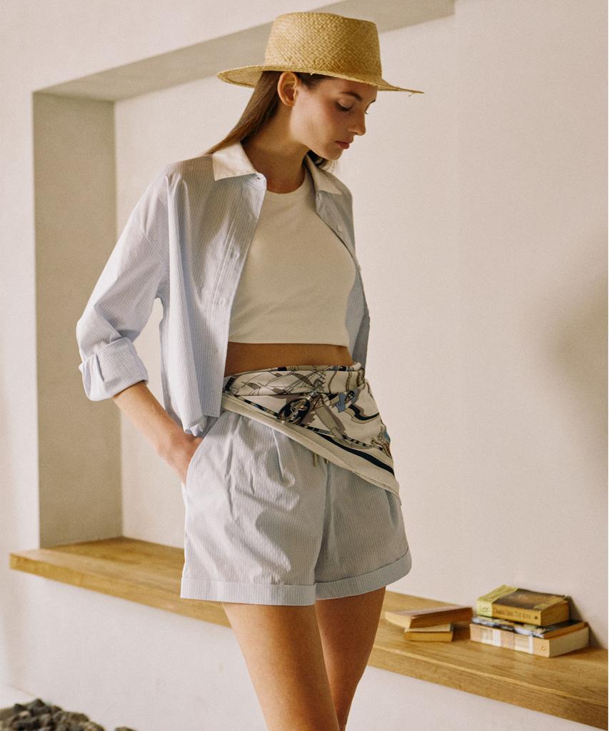 PADO SEOUL Women'S Elastic Waist Shorts Blue Stripe