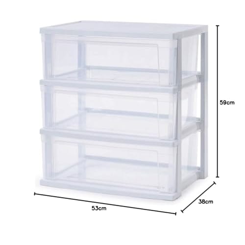 IRIS OHYAMA NSW-543 (Новая модель) Широкий комод с 3 ящиками, Сделано в Японии, Легкая сборка, 21,6" Ш x 14,2" Г x 22,2" В, Белый/Прозрачный, Пластиковая столешница