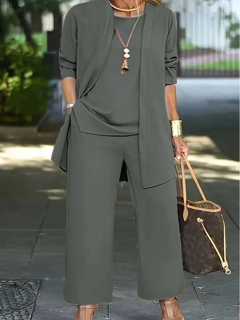 Европейско-американский повседневный осенне-зимний однотонный комплект-тройка: Длинные брюки, кардиган с длинным рукавом и жилет для женщин