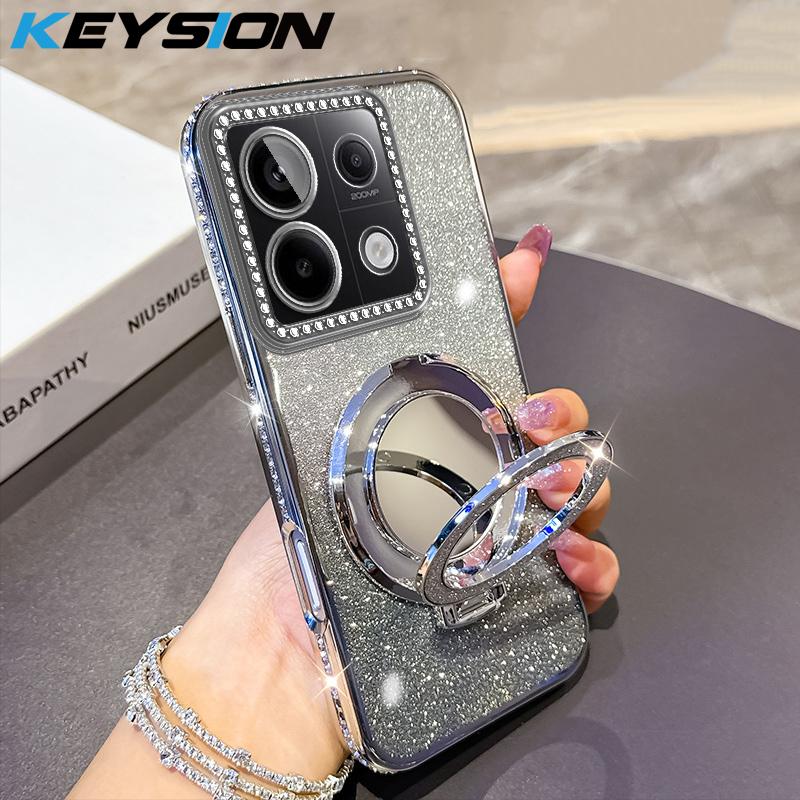 KEYSION Glitter Jewelled Magnetic Phone Case for Redmi Note 13 4G 13 Pro+5G Mirror Stand Shockproof Cover for Xiaomi POCO X6 M6 Pro