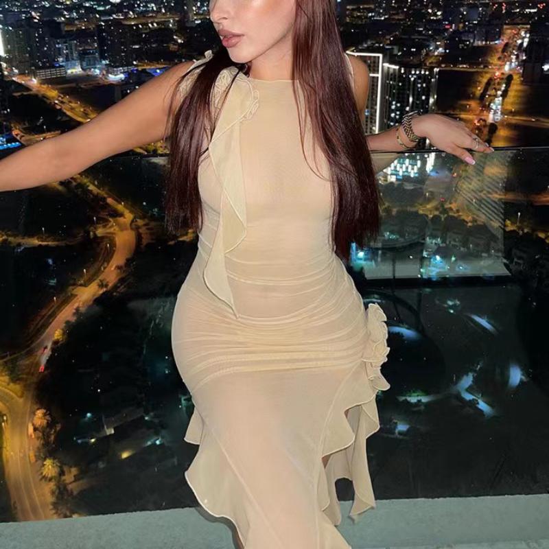 Sexy Mesh Ruffles Fairy Dress Aesthetic Deep Summer Irregular Midi Dresses Beach Party Outfits Women Vestido