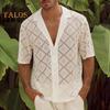 Мужская рубашка с кубинским воротником, повседневная, ажурная, трикотажная, на пуговицах, винтажная, с коротким рукавом, летний пляжный топ для уличного отдыха