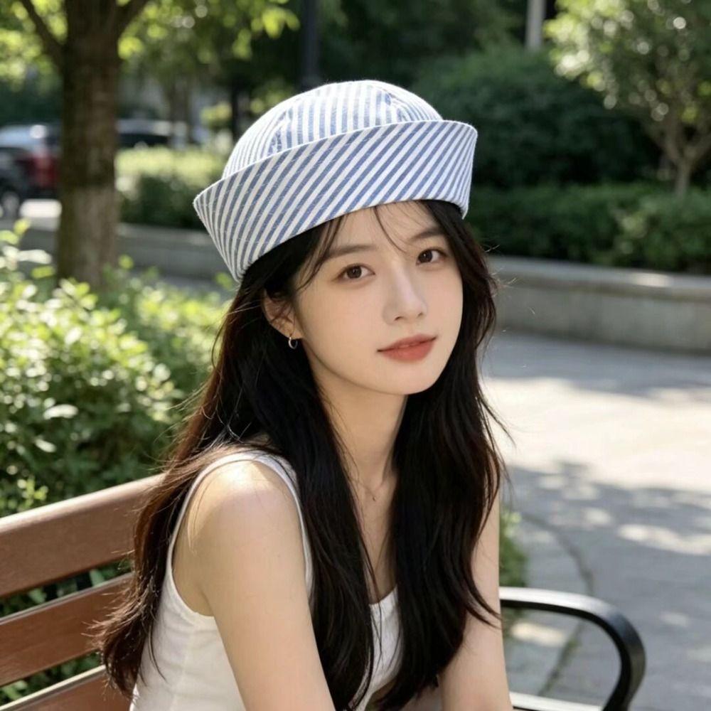 Blue Striped Navy Hat Y2K Beret Hat Korean Captain Hat  Spring